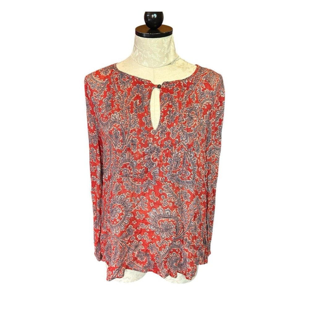 Lucky Brand Blouse Top Long Sleeve Red & Blue Floral Print Keyhole Lightweight L